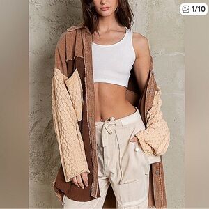 POL Brown Oversized Teddy Knit Shaket Long Sleeve Patchwork Size Large